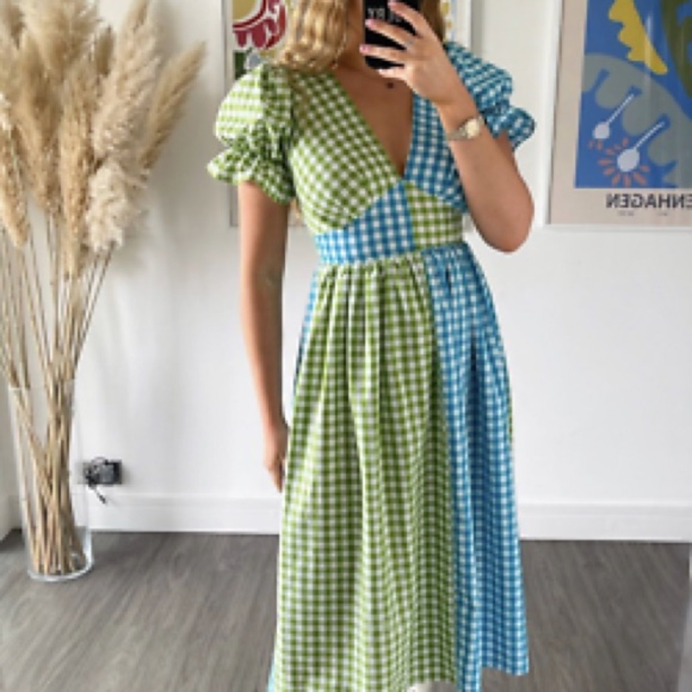 STAUD Blue and Green Gingham Midi Dress - Picture 3 of 3